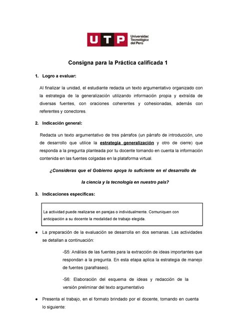 Tarea Redaccion De Texto Utp Consigna Para La Pr Ctica Calificada