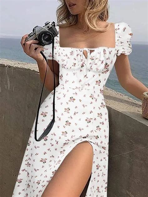 Celmia 2022 Women Summer Floral Print Dress Elegant Square Collar