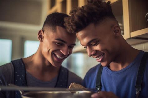 Feliz Y Sexy Pareja Gay Joven Cocinando Comida Juntos En Casa Foto Premium