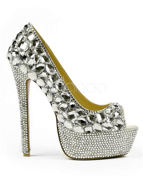 Sexy Silver Metallic Rhinestone Peep Toe High Heels