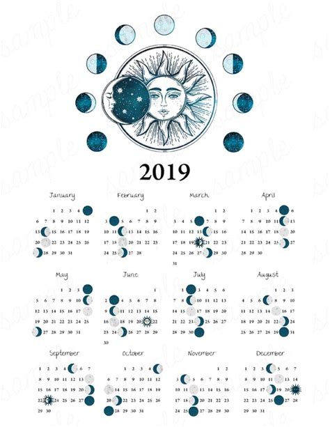 Moon Phase Calendar 2019 2019 Moon Phase Calendar Vintage Sun Moon