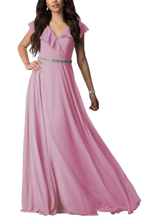 V Neck Bridesmaid Dresses Long Chiffon Beaded A Line Womens Formal