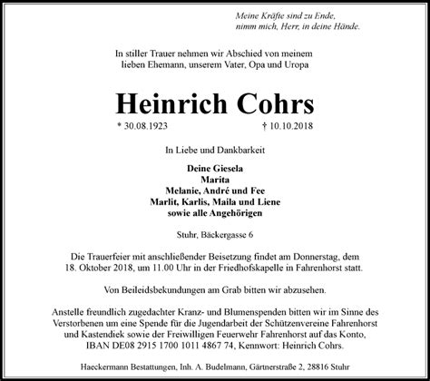 Traueranzeigen Von Heinrich Cohrs Trauer Gedenken