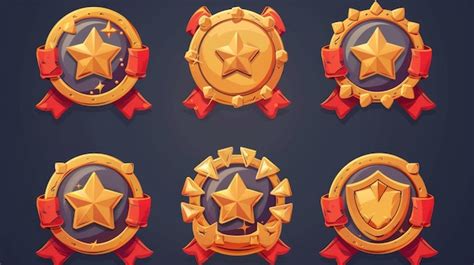 A Cartoon Set Of Gold Game Badges With Stars Red Ribbons And Golden