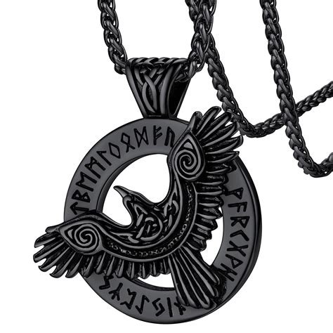 FaithHeart Viking Raven Necklace Mens Pendant Retro Crow Rune Necklace