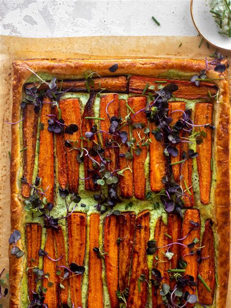 Carrot Puff Pastry Tart With Green Goddess Ricotta Cheese