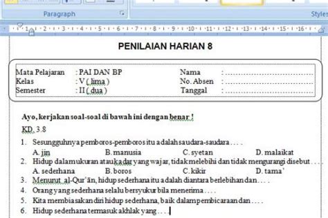 Soal Ulangan Harian PAI Kelas 5 Semester 2 K 13 Foldersoal