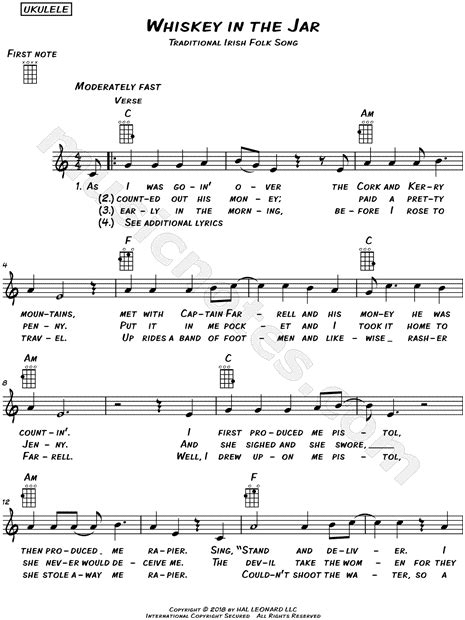 Traditional Irish Folk Song Whiskey In The Jar Sheet Music Leadsheet