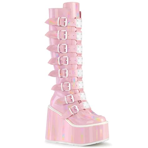 Demonia Pink Holographic Knee High Boots Kirkas