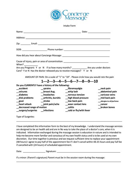 Fillable Online Circle Of Wellness Oncology Massage Patient Intake Form