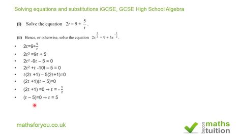 Solving Equations And Substitutions Igcse Gcse High School Algebra