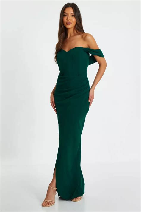 Bottle Green Bardot Ruched Maxi Dress Quiz Clothing