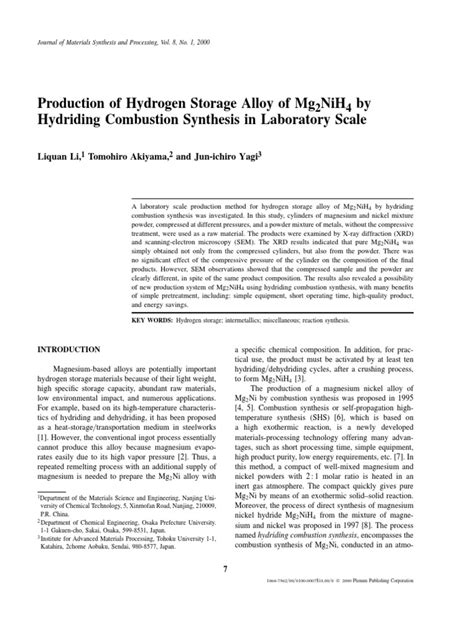 Production Of Hydrogen Storage Alloy Of Mg Nih By Hydriding Combustion Synthesis In Laboratory