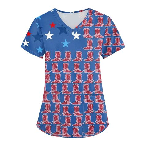 UoCefik Womens Scrubs Plus Size 4th Of July Short Sleeve Star Shirts