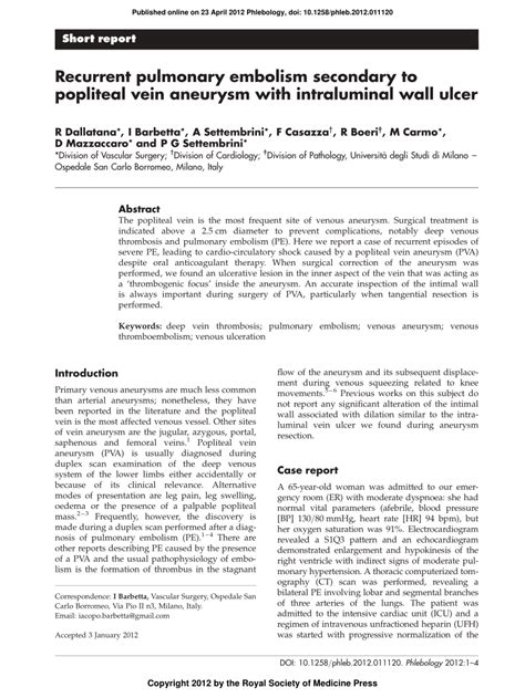 PDF Recurrent Pulmonary Embolism Secondary To Popliteal Vein Aneurysm