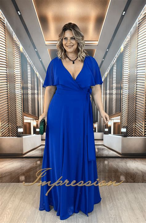 Vestido De Festa Longo Plus Size Azul Royal Impression Modas