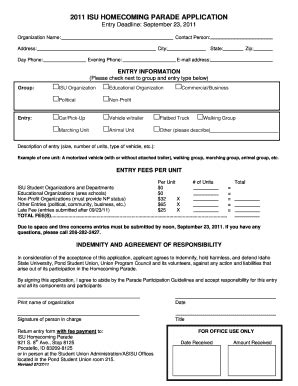 Fillable Online Isu 2011 Isu Homecoming Parade Application Idaho