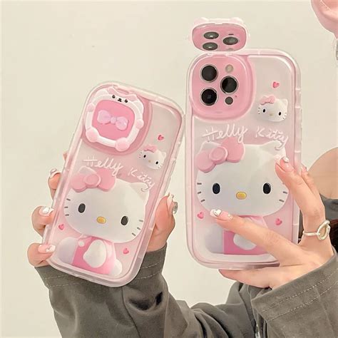 Sanrio Pink Hello Kitty With Makeup Mirror Phone Case For Iphone 11 12 13 14 Pro