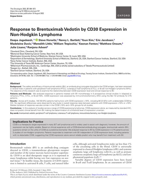 PDF Response To Brentuximab Vedotin By CD30 Expression In Non Hodgkin