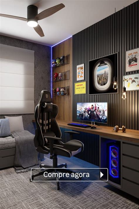 Quarto gamer com LED | Quarto de solteiro decorado, Decoração quarto ...