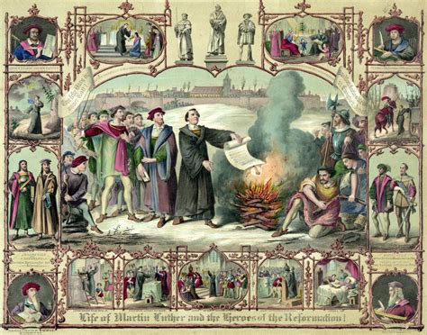 Life of Martin Luther. Print shows Luther burning papal bull of ...