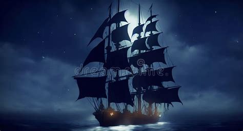 Large Medieval Ship Gracefully Sail In The Open Sea On Moonlight