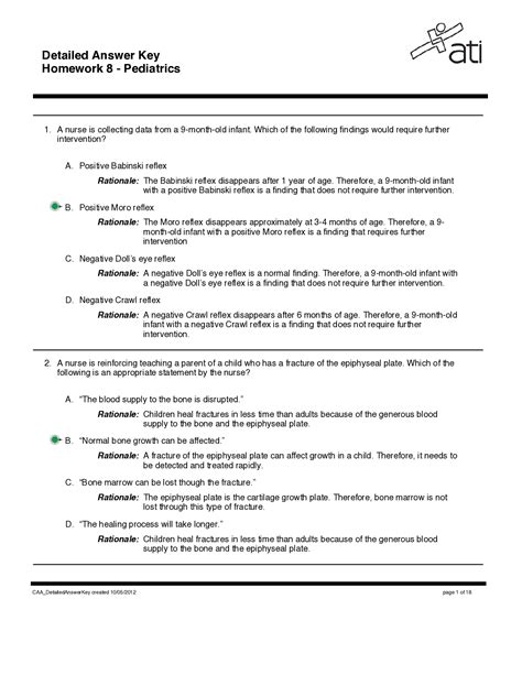 Ati Detailed Answer Key Homework Pediatrics Latest Solutions