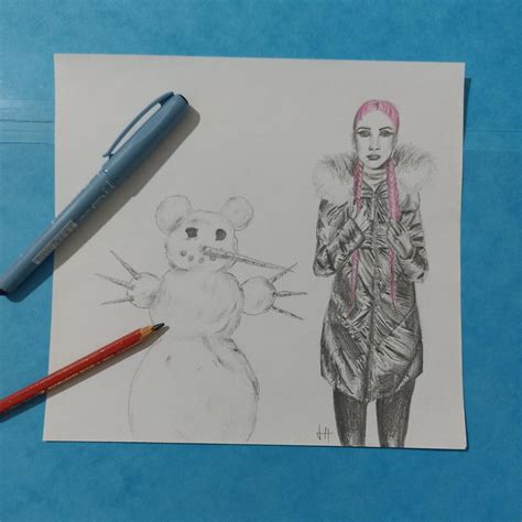 Sketch of girl with snowman size: 21 x 19.5 cm #art... - Depop