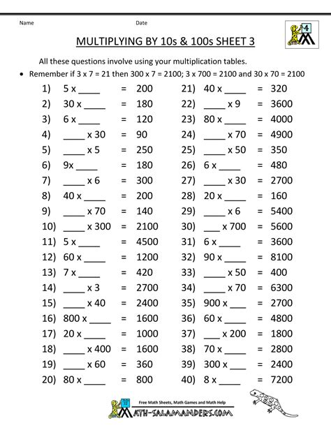 Multiplying By 10 100 1000 Worksheets