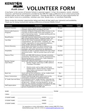 Fillable Online Kenstonlocal KMS Volunteer Form 2014 2015 Docx