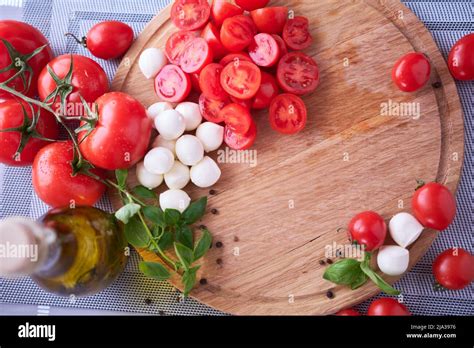 Ingredients For Caprese Salad Mini Mozzarella Cheese In Glass Bowl