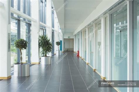 Corridor in modern office building with glass walls — inside, work ...