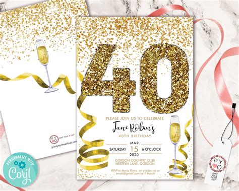 Gold 40th Birthday Confetti Champagne Invitation Template White