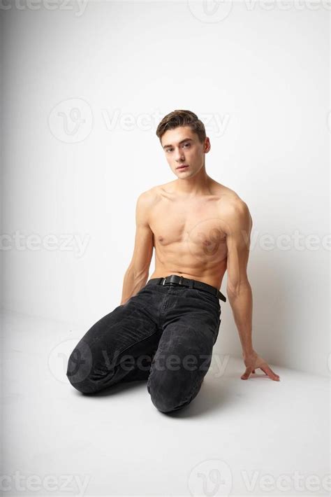 Man Kneeling Naked Torso Studio Lifestyle Attractive Style