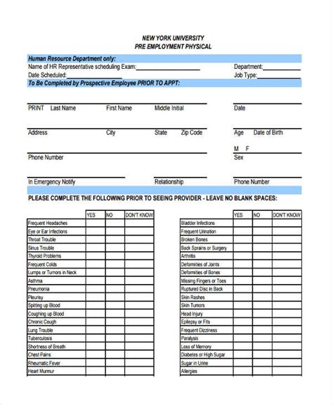 Free 7 Pre Employment Physical Forms In Pdf