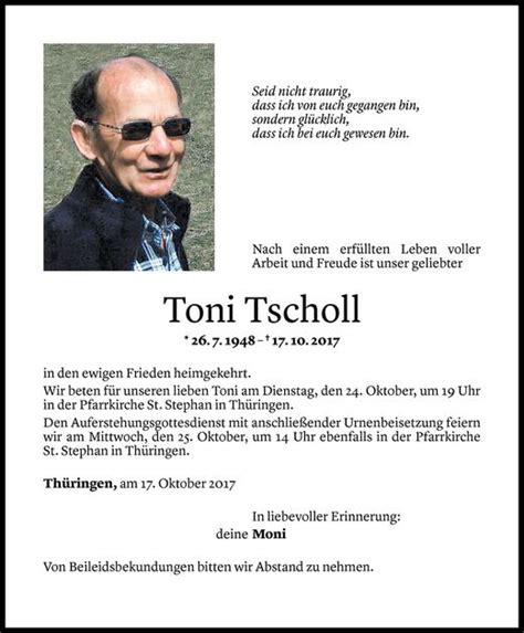 Todesanzeigen Von Toni Tscholl Todesanzeigen Vorarlberger Nachrichten