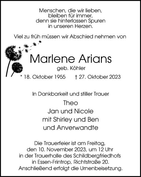 Traueranzeigen Von Marlene Arians Trauer In Nrw De