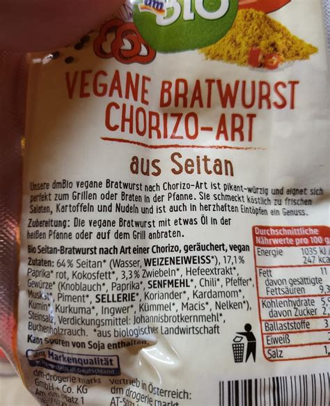 Vegane Bratwurst Chorizo Art Dmbio Kalorie Kj A Nutri N Hodnoty