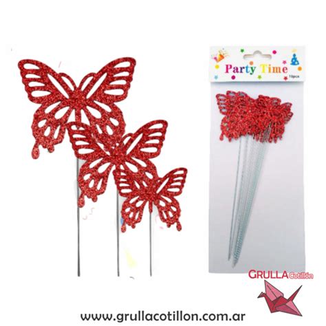 TOPPER MARIPOSAS GIBREADAS ROJO x10 GRULLA COTILLÓN