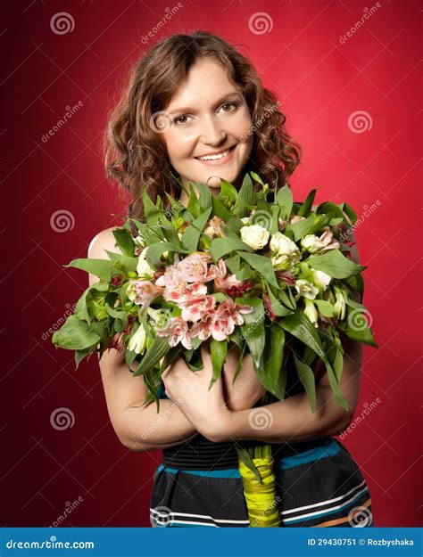 Portrait Of Pretty Brunette Holding Bouquet Of Flowers Stock Image Image Of Hand Female