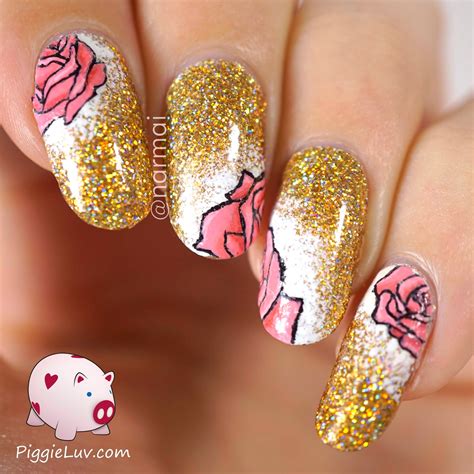 PiggieLuv: Gold glitter with pink roses nail art