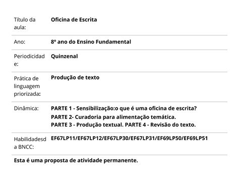 Plano De Aula 8º Ano Oficina De Escrita