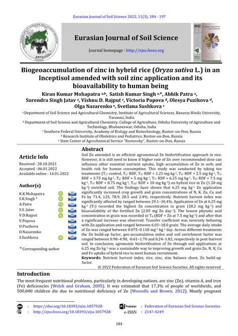 Pdf Biogeoaccumulation Of Zinc In Hybrid Rice Oryza Sativa L In An Inceptisol Amended With