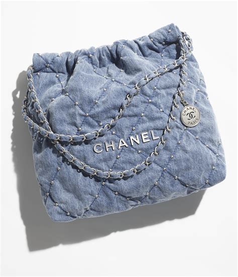 Chanel 22 Mini Handbag Washed Denim And Silver Tone Metal Blue