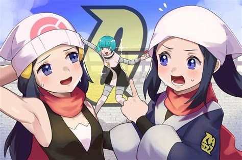 Safebooru 3girls Akari Pokemon Arm Behind Head Bangs Beanie Black Hair Black Undershirt