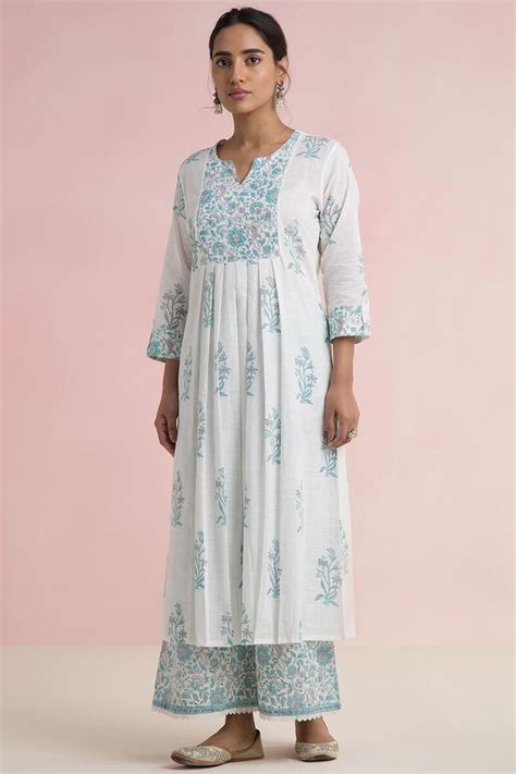 Buy White Block Printed A Line Cotton Kurta For Women FGMK21 08