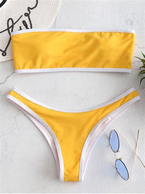 Shop For Contrast Trim Bandeau Bikini Set BRIGHT YELLOW Bikinis S At