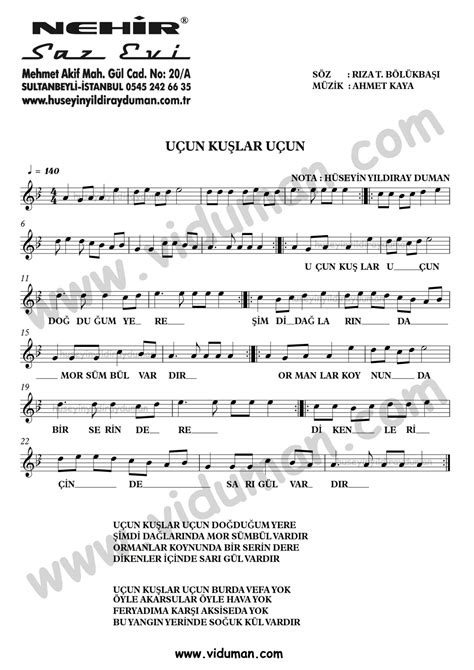 Uçun Kuşlar Uçun Ahmet Kaya Bağlama Saz Türkü Notaları Hüseyin