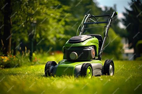 Premium Photo Clean And Green Lawn Mowing With Efficient Lawn Mower