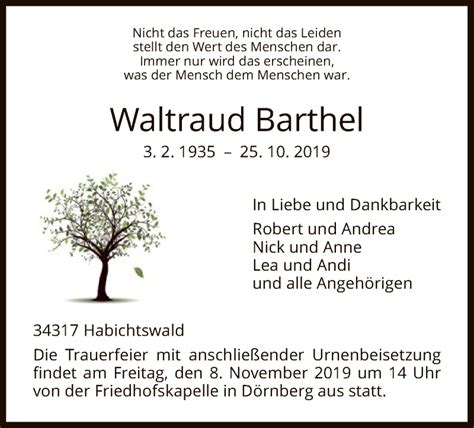 Traueranzeigen Von Waltraud Barthel Trauer Hna De